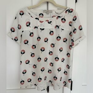 LOFT White Top with Red and Black Floral Design